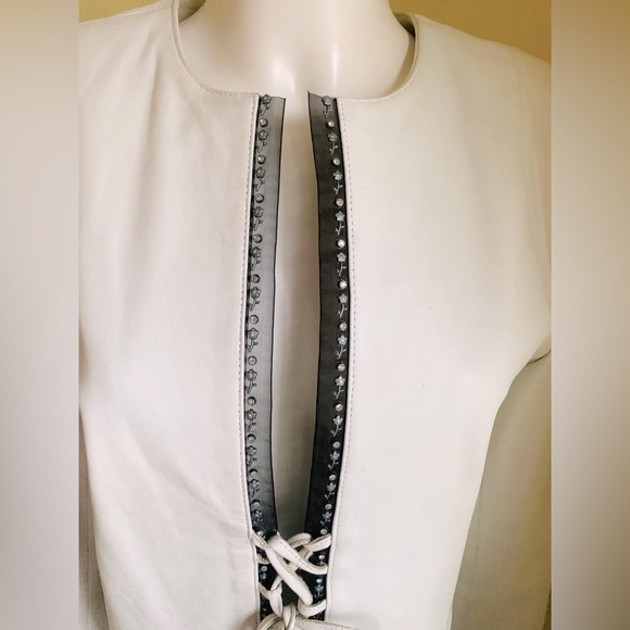 White Real lamb leather blazer Jacket Black Chiphon Trim With Rhinestones Eur L - Picture 3 of 13